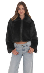 Faux Fur Cropped Jacket in Black