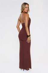 Sultry Ruched Halter Maxi Dress Chocolate