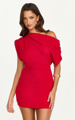 Nalfie Mini Dress - Tipped Shoulder Jersey Drape Dress in Red