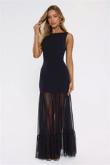 Sultry Mesh Tie Back Cutout Maxi Dress Navy