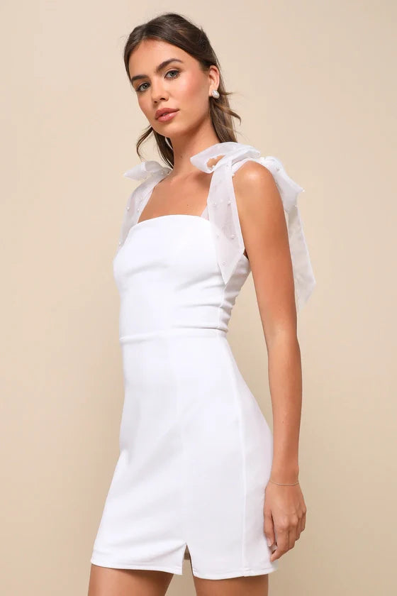 Beaming Perfection Pink Pearl Organza Tie-Strap Mini Dress