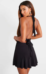 Black Double Layer Slinky Halter Neck Tie Back Shift Dress