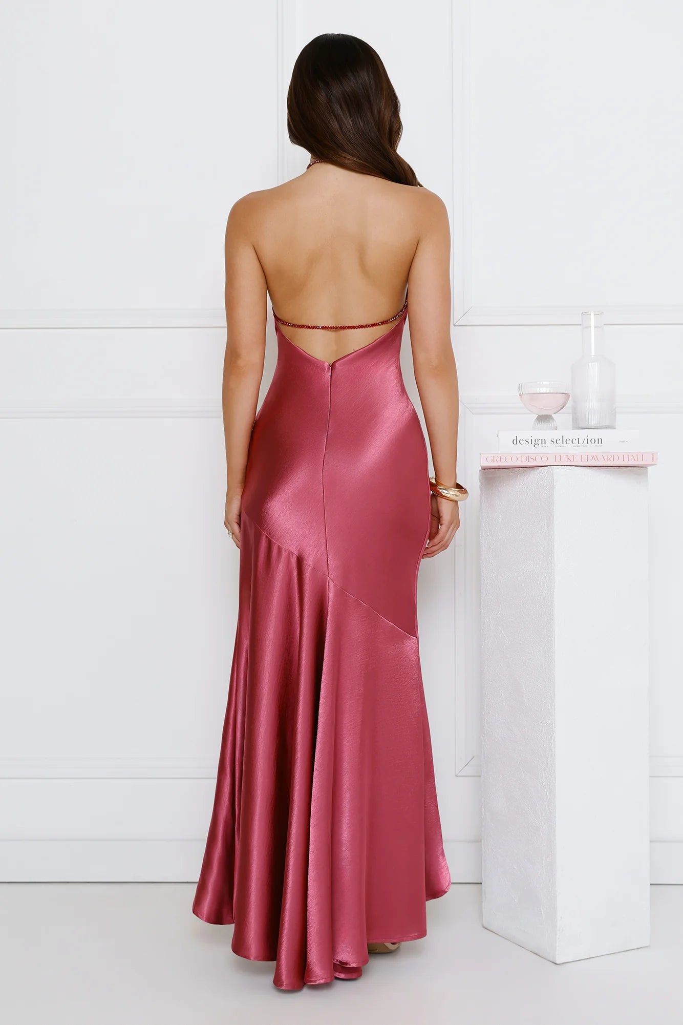 Silken Affair Halter Satin Maxi Dress Rose