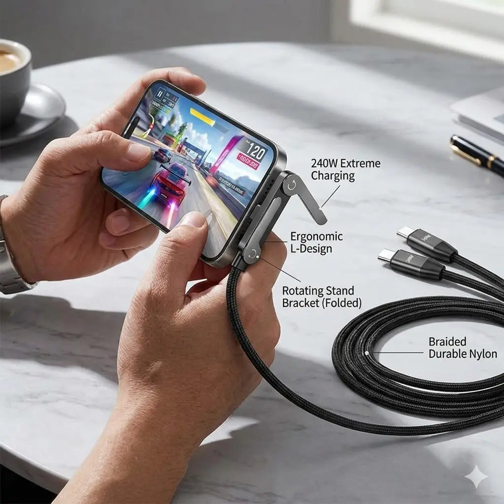 Invisible Holder Charger Cable with Stand,240w super fast charging 2-in-1 Fast ChargingCord & Phone Stand for Gaming, Office, CarTravel, Compatible with Type-C charging cableBlack