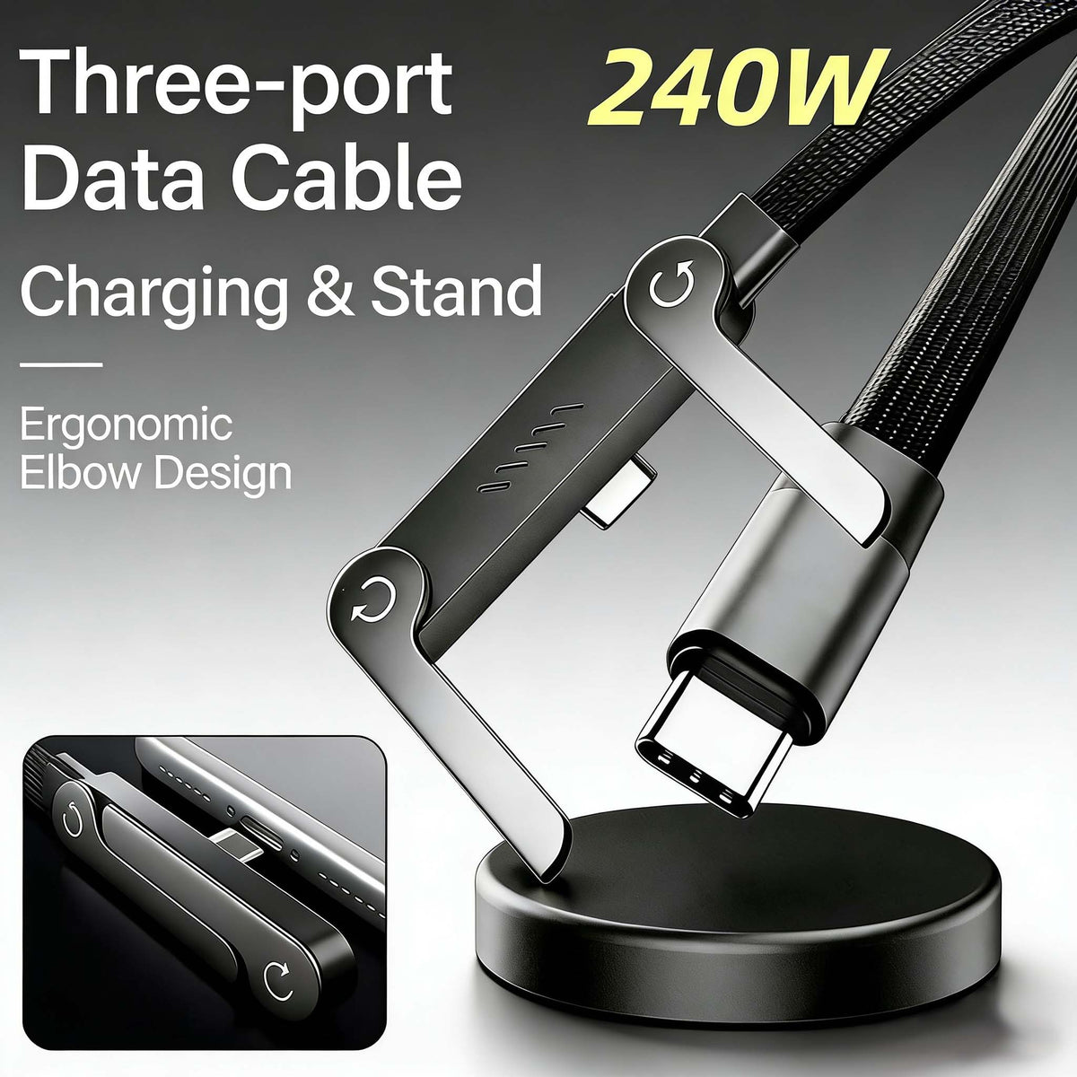 Invisible Holder Charger Cable with Stand,240w super fast charging 2-in-1 Fast ChargingCord & Phone Stand for Gaming, Office, CarTravel, Compatible with Type-C charging cableBlack