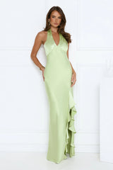Satin Whirl Halter Maxi Dress Green
