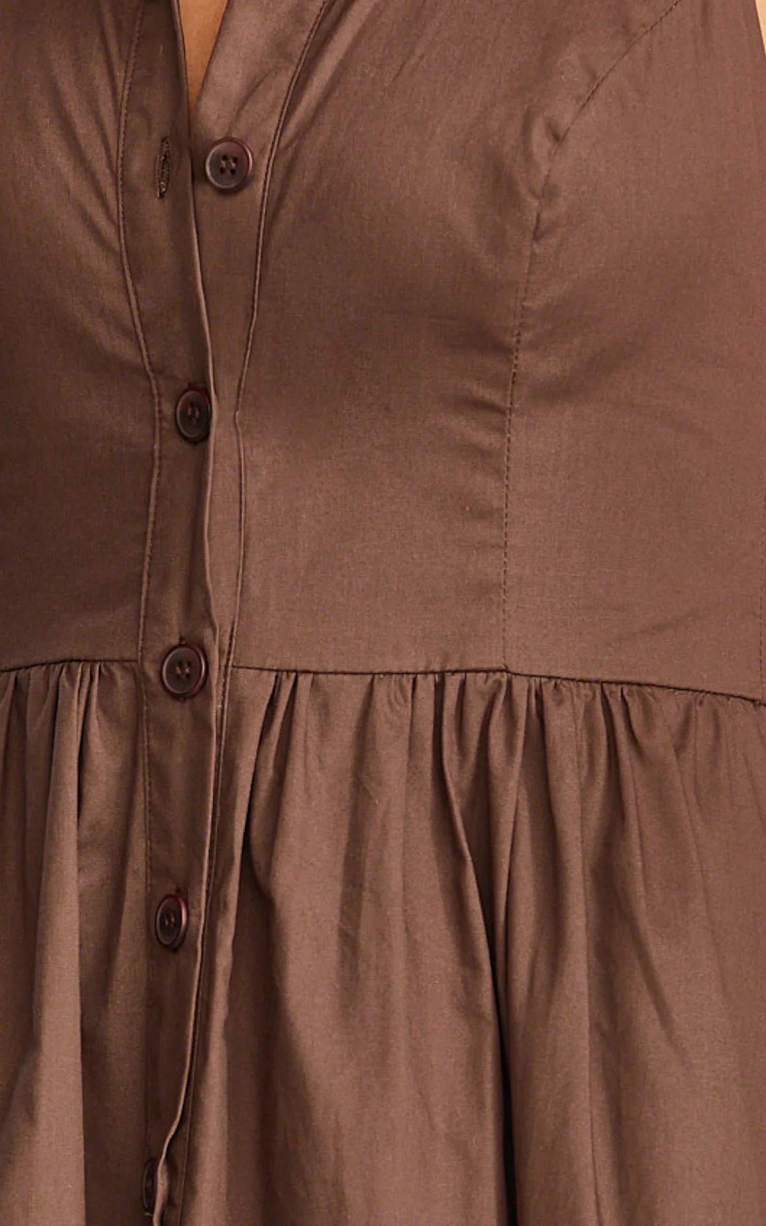 Ruby Midi Dress - Collared Button Down Gathered Waist Skirt Fit And Flare Dress in Dark Chocolate