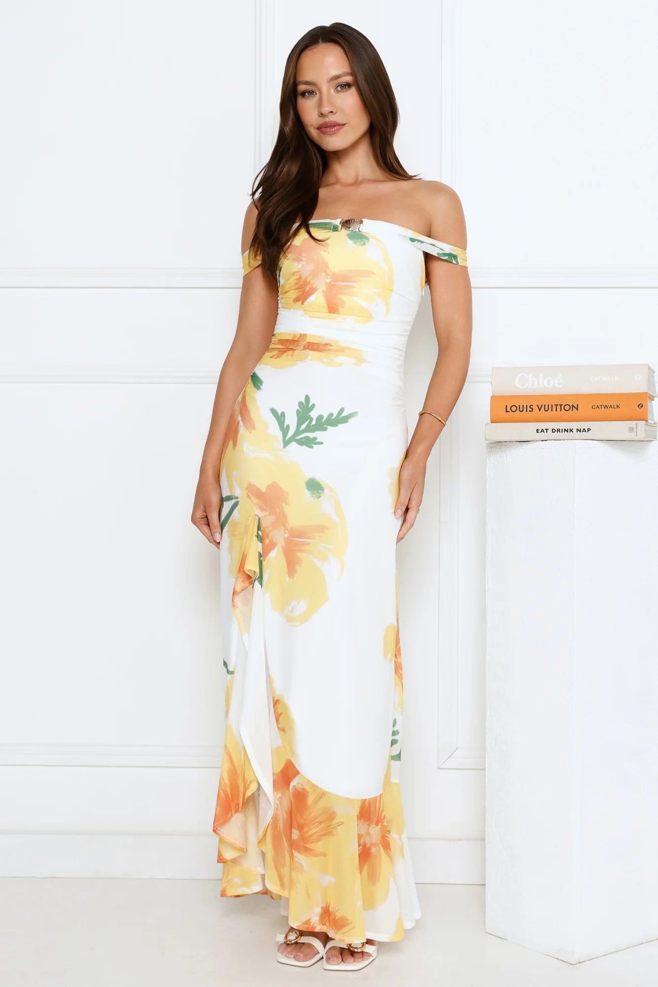 Crown Affair Off Shoulder Mesh Maxi Dress White