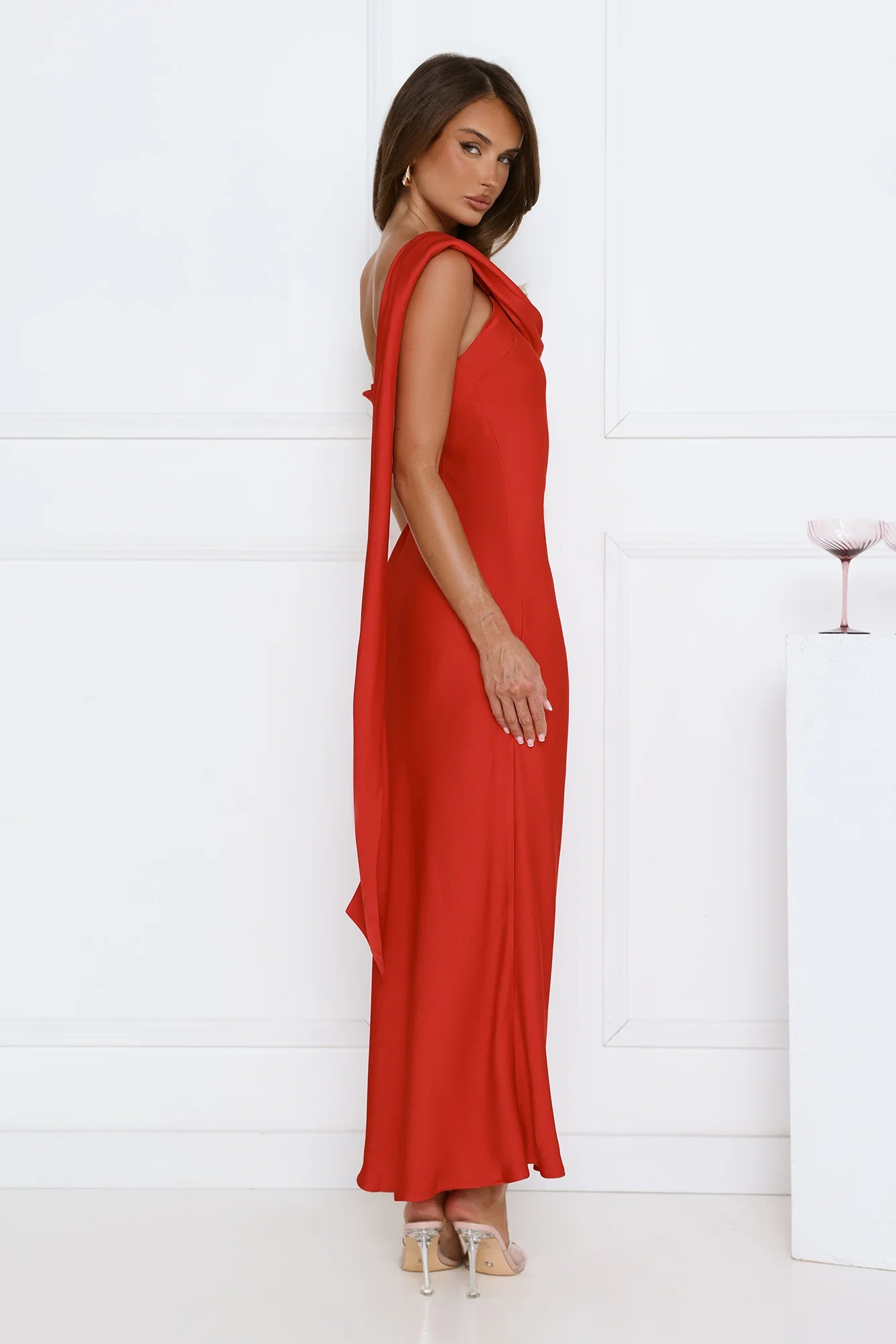 Whispered Flame Satin Maxi Dress Red
