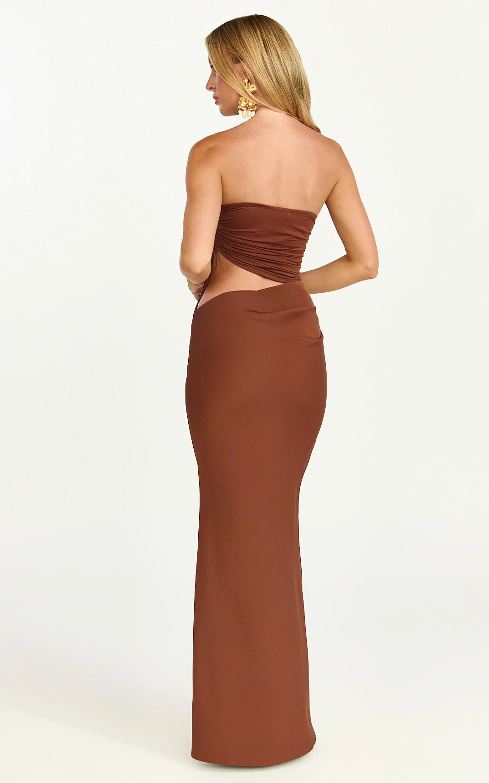 Fergie Maxi Dress - Strapless Side Ruched Cut Out Fitted Dress in chestnut brown