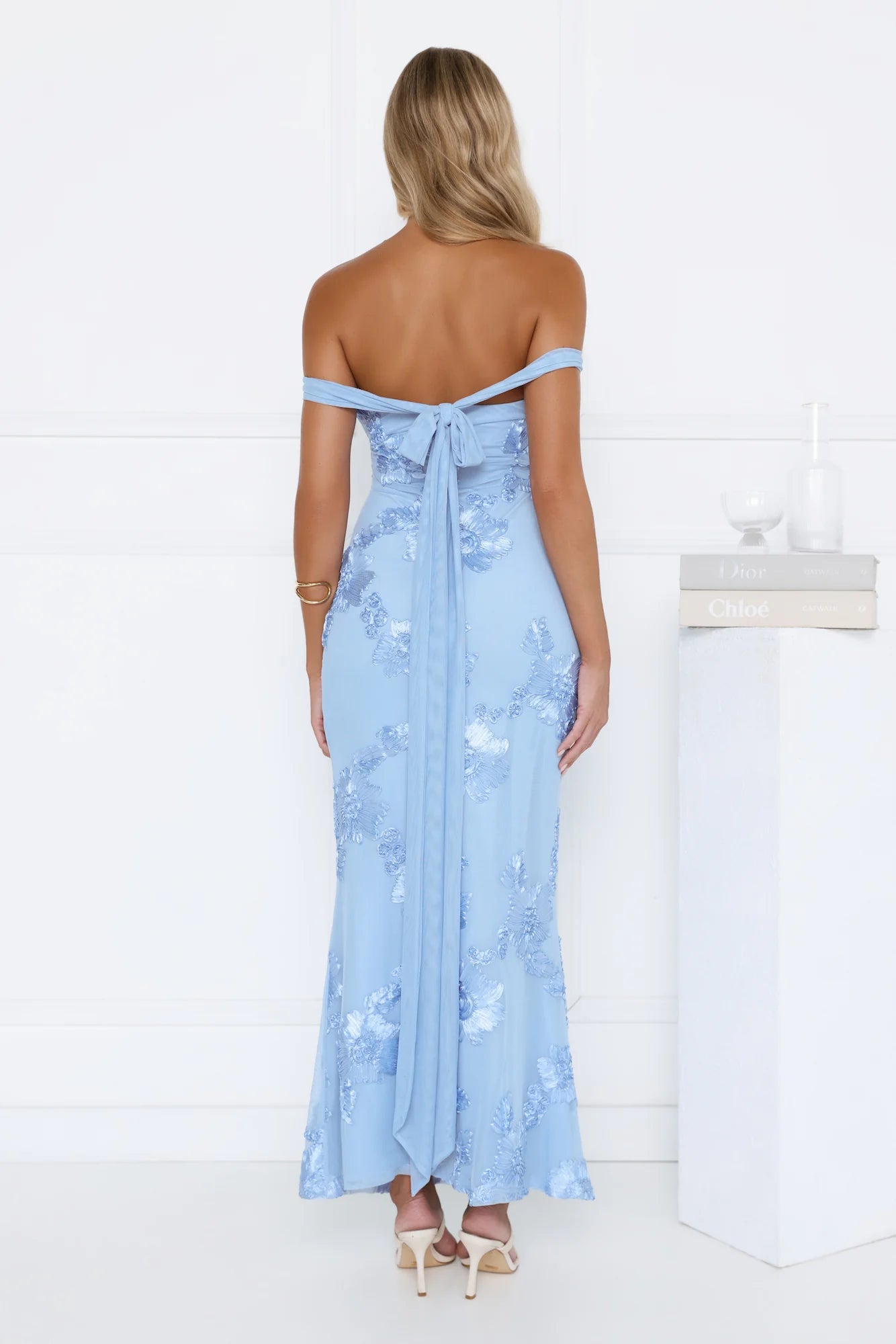 Lush Bloom Embroidered Off Shoulder Maxi Dress Blue