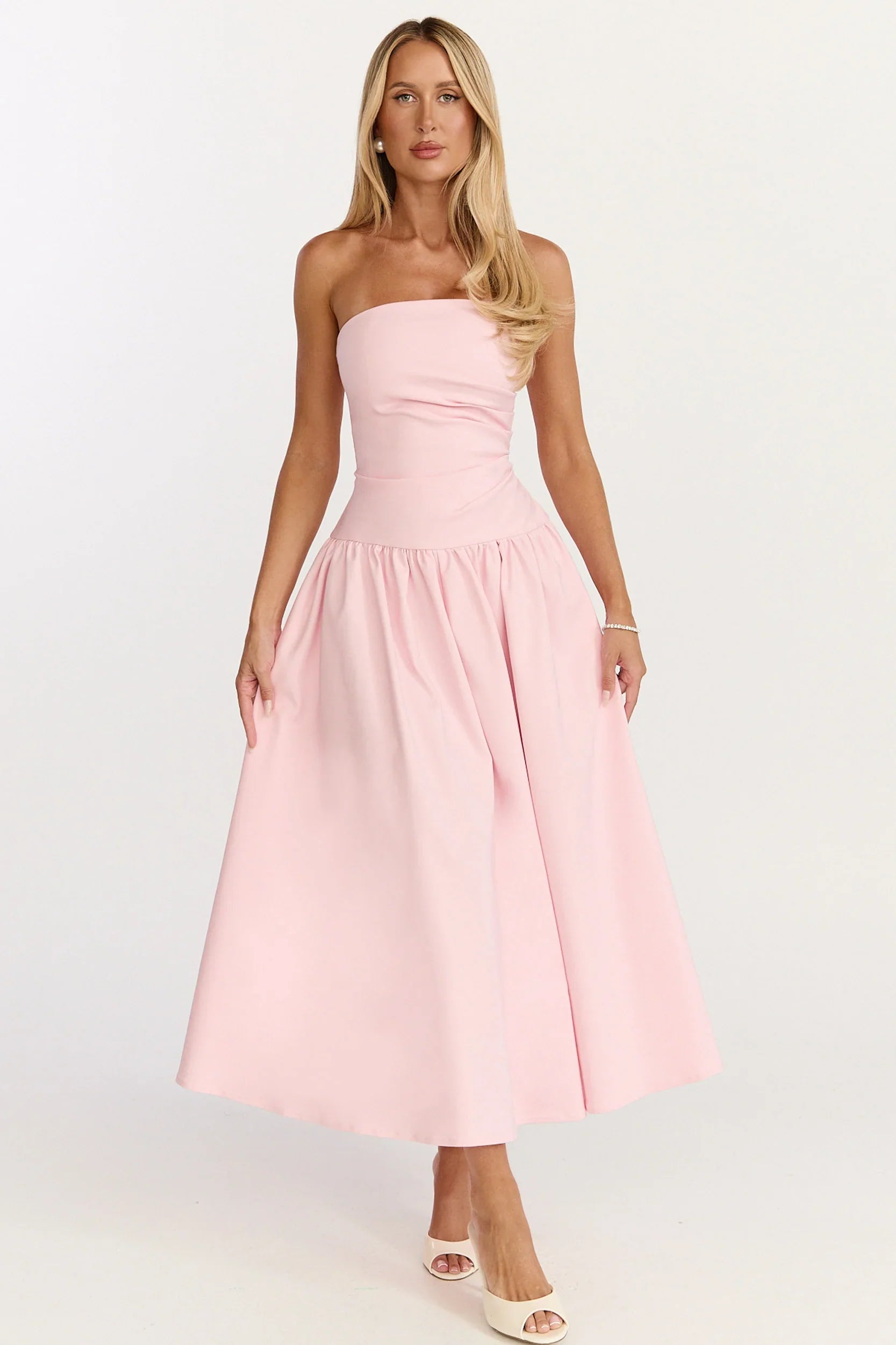 Louisa Maxi Dress - Strapless Side Ruched Dropped Waist Fit And Flare Dress in Pink